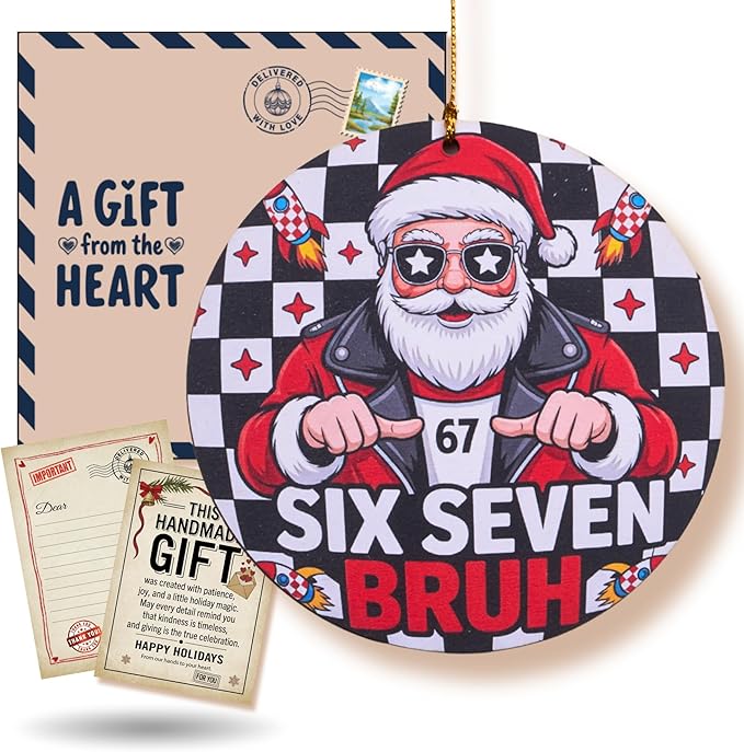 67 Funny Christmas Ornament – 67 Meme Santa Says Six Seven Bruh, Funny Teen Slang Santa Ornament, Double-Sided Wood UV Print, Viral Christmas Decor Gift for Gen Z Teens Boys Girls