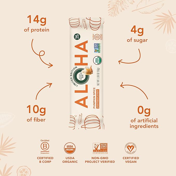 ALOHA Organic Plant Based Protein Bars - Pumpkin Spice, Vegan, Low Sugar, Gluten-Free, Low Carb, Non-GMO, No Stevia, No Erythritol - LIMITED EDITION, 12 Count (Pack of 1)