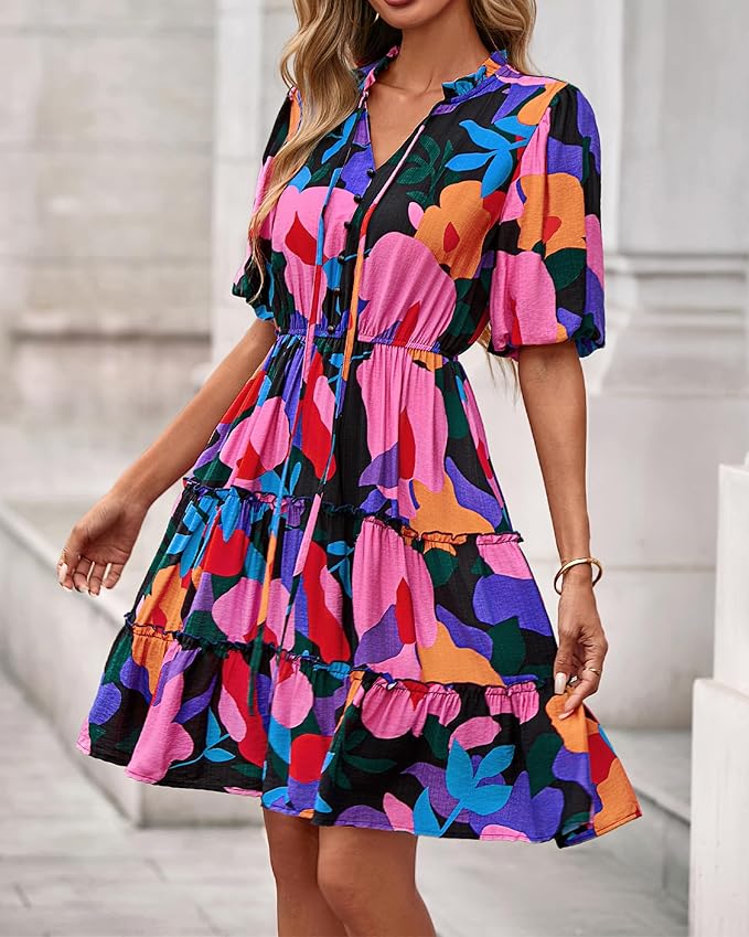 BTFBM Women Summer Floral Short Dresses V Neck Short Sleeve Tiered Ruffle Boho Swing Dress A-Line Mini Dresses