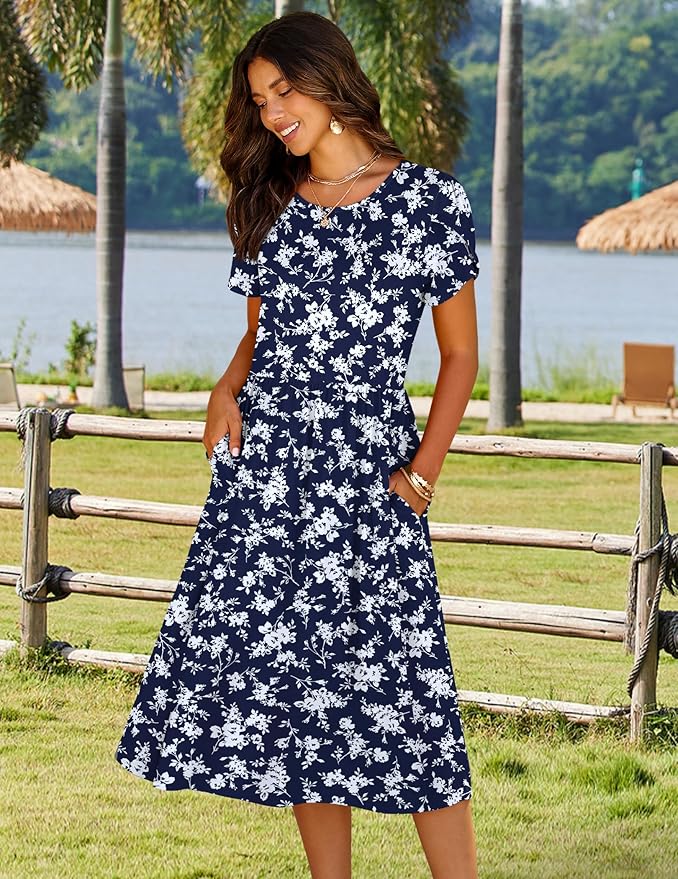 HOTOUCH Women's Summer A-Line Midi Dresses 2026 Casual Floral Short Sleeve T-Shirt Dress Flowy Beach Sundress with Pockets