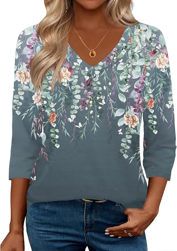 Zeagoo 3/4 Length Sleeve Womens Tops Casual V Neck Shirts Soft Basic Tees Business Work Blouses