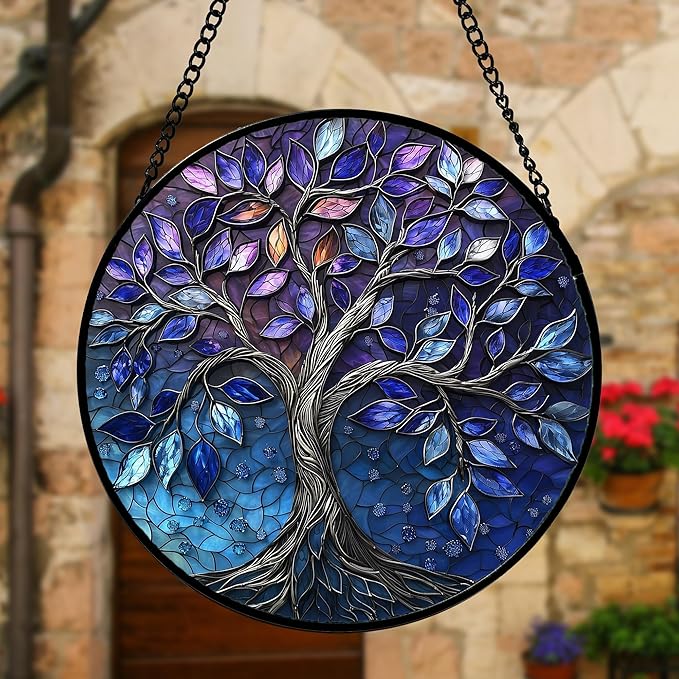 Stained Glass Window Hanging, Blue Purple Tree of Life Sun Catchers Colorful Glass Panel Plants Suncatcher Decor for Birthday for Women,Men,Wife, Lovers, and Mom 6.3 in