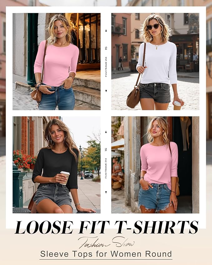 Ficerd 3 Pack 3/4 Sleeve Tops for Women Round Neck Dressy Basics Tees Casual Trendy Loose Fit T Shirts