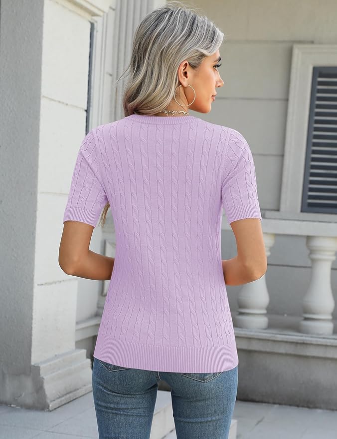 Micoson Womens Short Sleeve Cable Knit Sweater Tops Crewneck Lightweight Spring Summer Shirts Business Dressy Casual Outfits