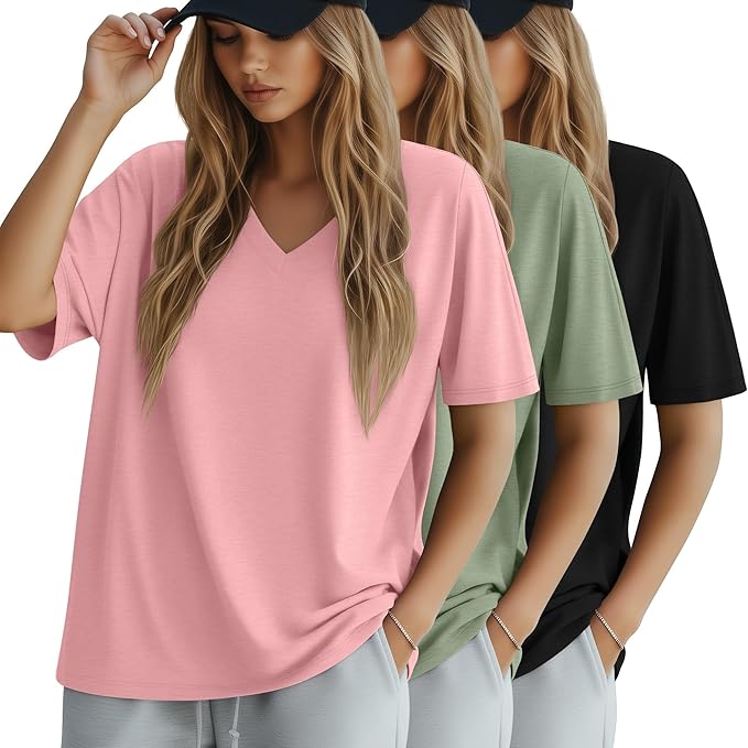 Huukeay Women's Cotton Oversized T Shirts 3 Pack V Neck Loose Fit Half Sleeve Tops Baggy Casual Summer Gym Workout Tees 2026