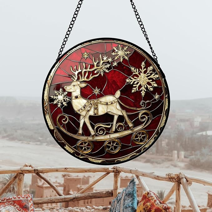Stained Glass Window Hanging 4 Pcs Set Red Christmas Elk Snowflakes Large 15" - Deer Suncatcher Door Garden Sun Catcher Decor Birthday for Mom Woman Nana Men Friend