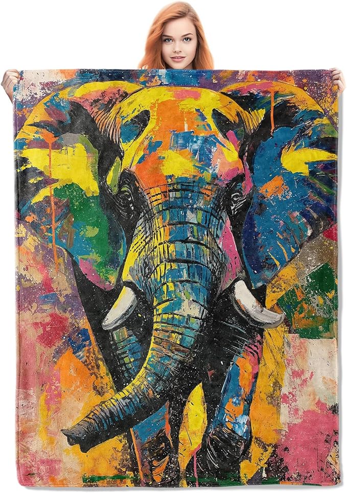 Elephant Painting Blanket, Colorful Elephant Flannel Throw Blankets,Soft Warm Lightweight Cozy Plush Animal Throws for Bedroom Sofa Office Home Decor Gifts for Women Kids 80"x60"