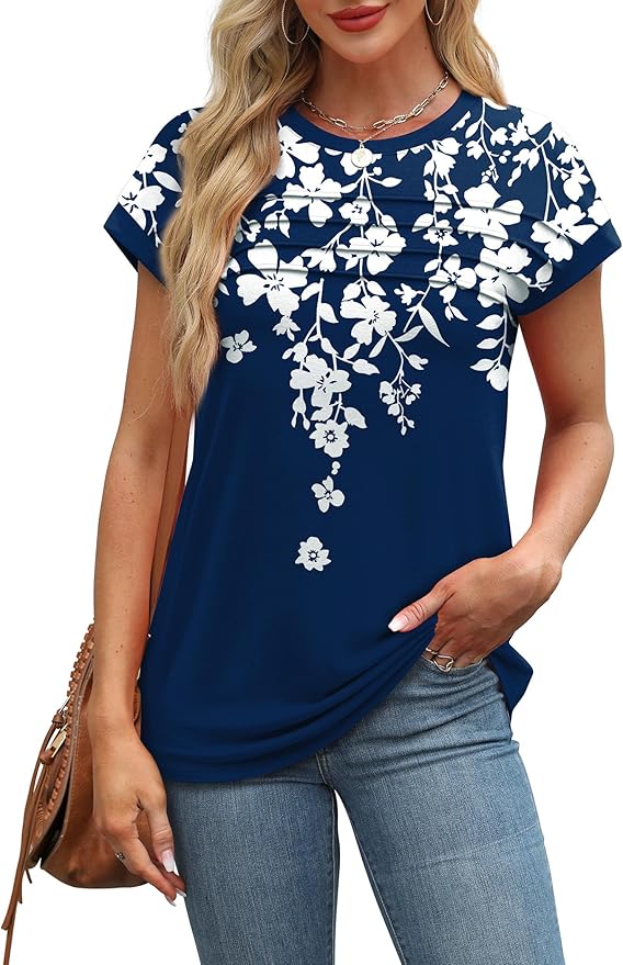 WEESO Womens Summer Tops Trendy 2026 Cap Sleeve T Shirts Crew Neck Pleated Front Beach Vacation Clothes Fashion