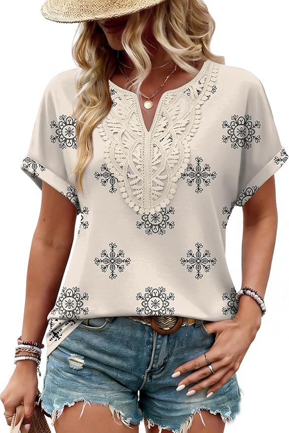 Sipaya Womens Blouses Dressy Casual Summer Shirts Short Sleeve Lace Front Boho Tunic Tops for Leggings Fashion Clothes
