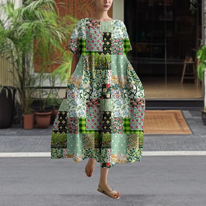 MARSVOVO Patchwork Flowy Dresses for Women Plus Size Loose Casual Tunic Dress Elegant Crewneck Maxi Dresses with Pockets
