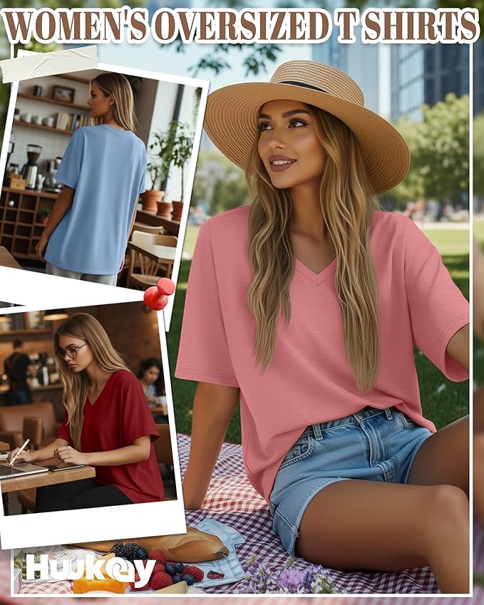 Huukeay Women's Cotton Oversized T Shirts 3 Pack V Neck Loose Fit Half Sleeve Tops Baggy Casual Summer Gym Workout Tees 2026