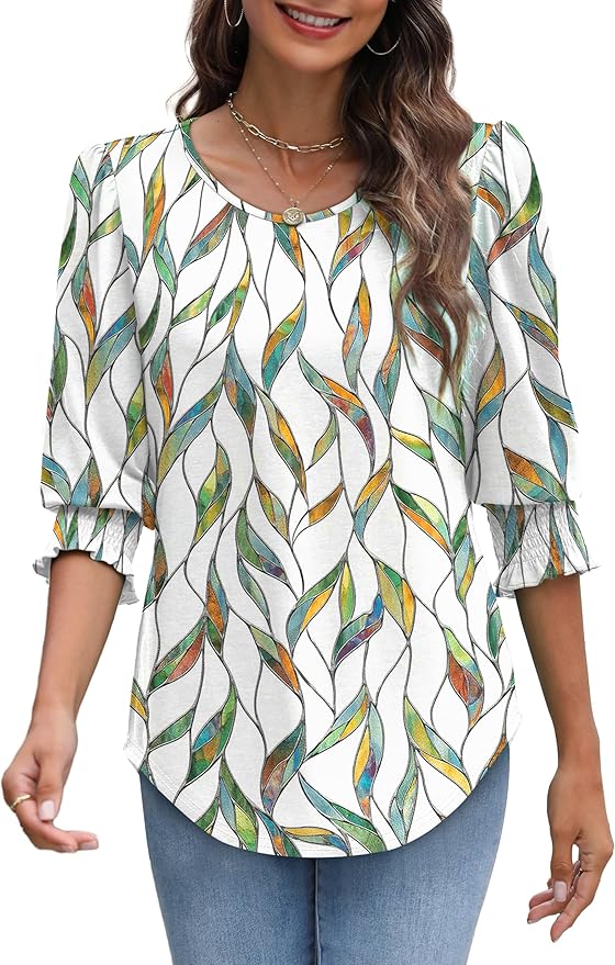 XIEERDUO Blouses for Women Dressy Casual 3/4 Length Sleeve Womens Tops with Smocked Cuffs