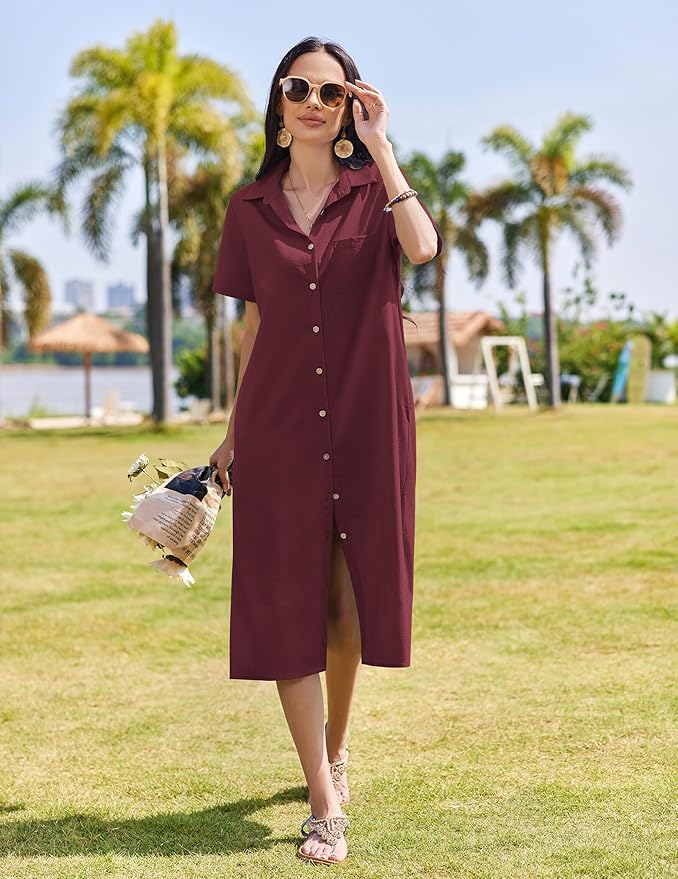 HOTOUCH Womens Dress Summer Casual Midi Short Sleeve Button Down Shirt Dresses Loose Beach Cover Up with Pockets