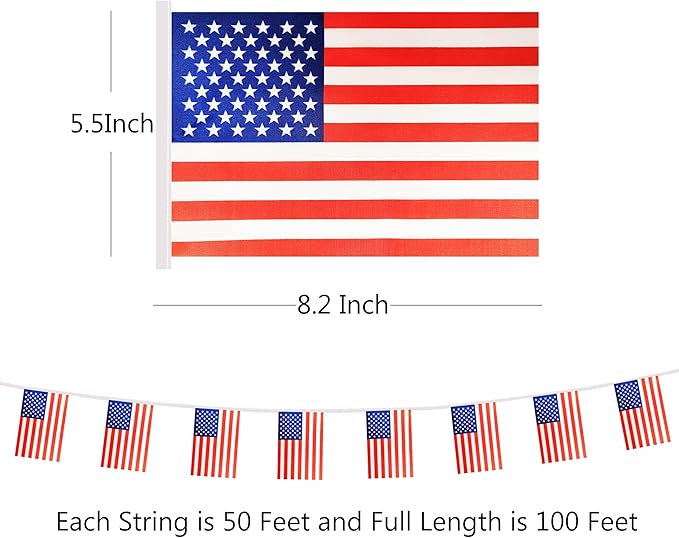 Yamiuo 100 Feet USA String Flag, 76 Pcs American Banner Flag, Small Mini World Banner Flags for Sports Events, Bars Decorations, School Festivals, Party Decorations, Celebrations (USA)