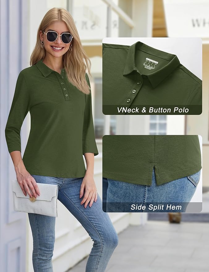 YUCOLEN Polo Shirts for Women 3/4 Sleeve Tops Golf Tees 5-Button Collared Cotton Shirt Business Casual