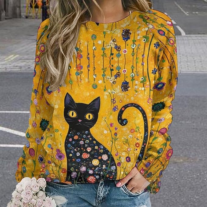 Spatofa Womens novelty funny cat printed crewneck sweatshirt casual loose long sleeve graphic pullover sweatshirts tops