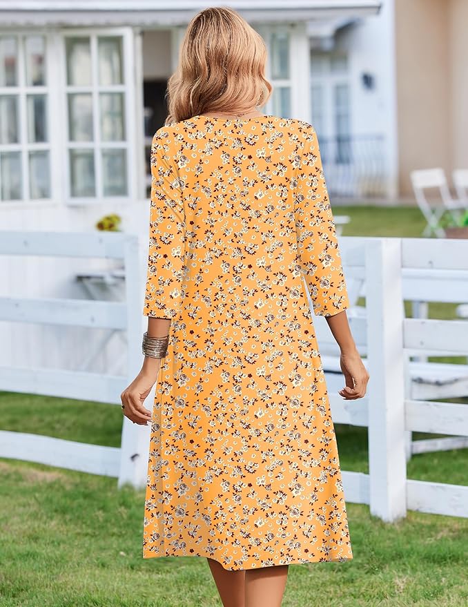 ZEAGOO 3/4 Sleeve Women's Dress Casual Flowy A-Line Midi Tshirt Dresses with Pocket Empire Waist Summer Boho Beach Sundress