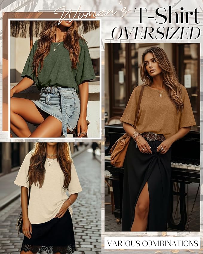 Riyiper 3 Pack Women's Oversized T-Shirt Half Sleeve Summer Tees Casual Loose Fit Crew Neck Basic Tops
