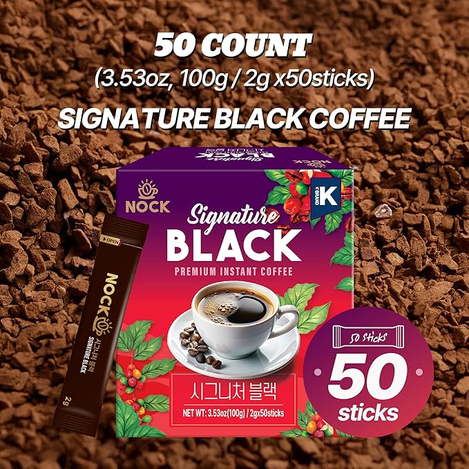 [Nokchawon] Signature Black Instant Coffee Sticks, Premium Korean Dark Roast, Sugar Free & Zero Calorie for Daily Focus, Hot or Iced, 50 Count
