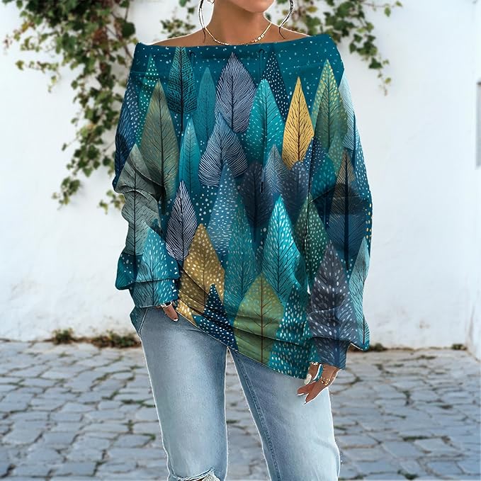 Womens Sweatshirts Floral Print Sexy Off The Shoulder T Shirts Oversized Long Sleeve Pullover Fall Tops
