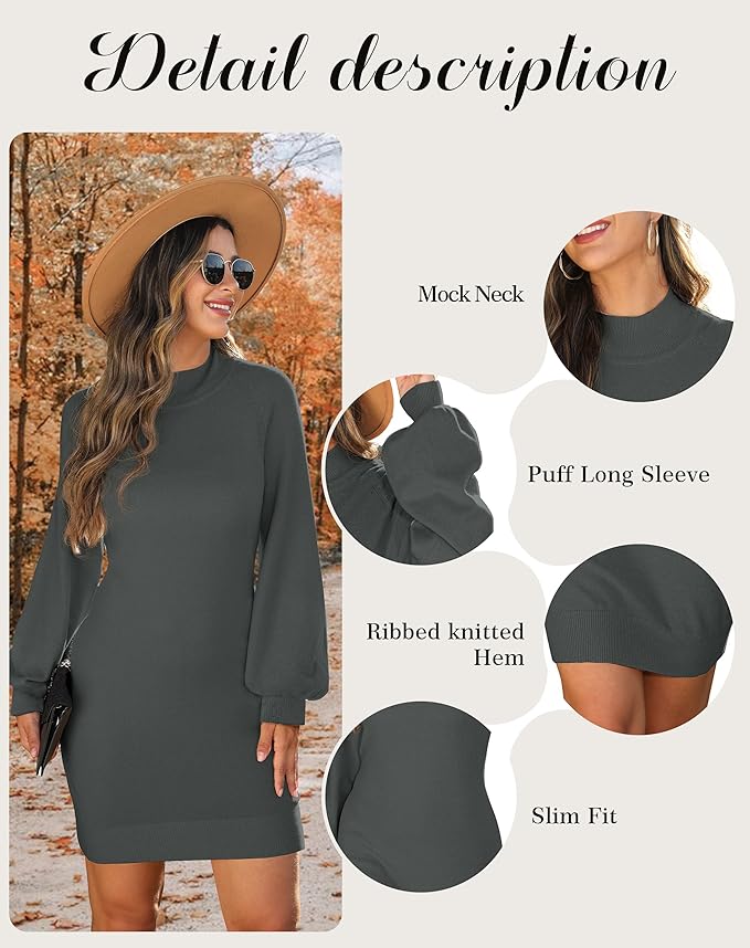 GRECERELLE 2026 Women's Mock Neck Ribbed Long Sleeve Bodycon Pullover Cute Mini Sweater Dress (XS-2XL)
