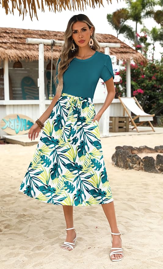 Zeagoo Womens Midi Dress Summer Short Sleeve Dress with Pockets 2025 Casual Floral T-Shirt Dress Flowy Beach Sundress