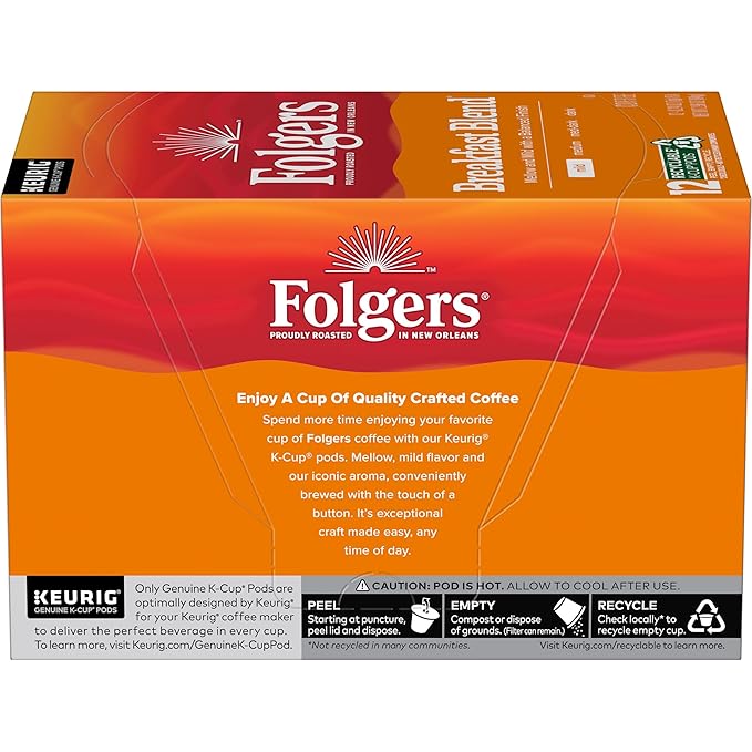 Folgers Breakfast Blend Mild Roast Coffee, 72 Keurig K-Cup Pods