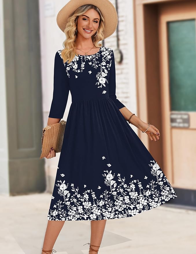 Zeagoo 3/4 Sleeve Women's Dress Casual Flowy A-Line Midi Tshirt Dresses with Pockets Crewneck Vocation Boho Beach Sundress