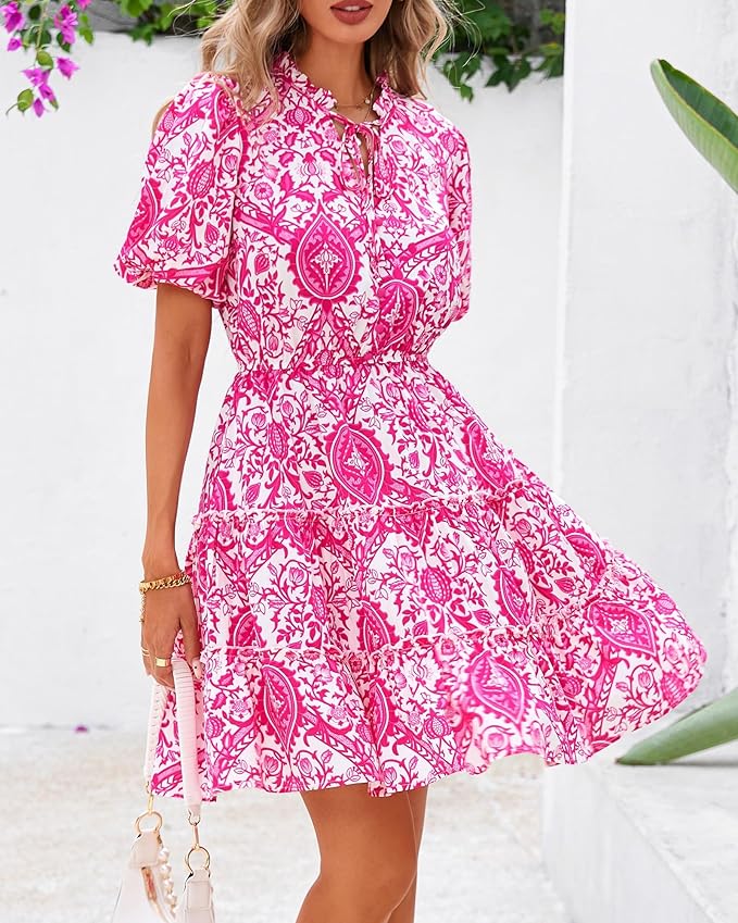 BTFBM Women Summer Floral Short Dresses V Neck Short Sleeve Tiered Ruffle Boho Swing Dress A-Line Mini Dresses