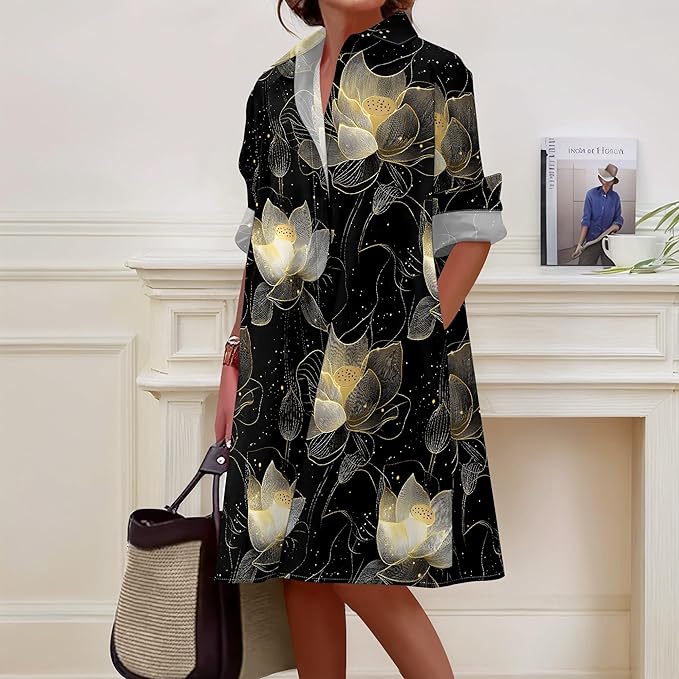 Shirt Dresses for Women 2025 Summer Long Sleeve Casual Plus Size Floral Printed Beach Vacation Dress with Pockets