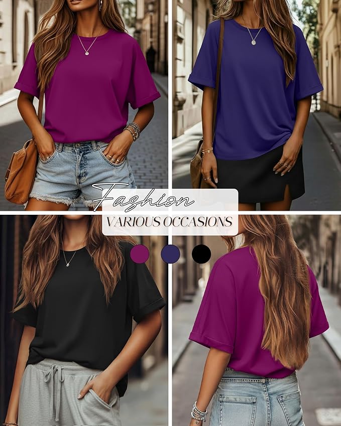 Riyiper 3 Pack Women's Oversized T-Shirt Half Sleeve Summer Tees Casual Loose Fit Crew Neck Basic Tops
