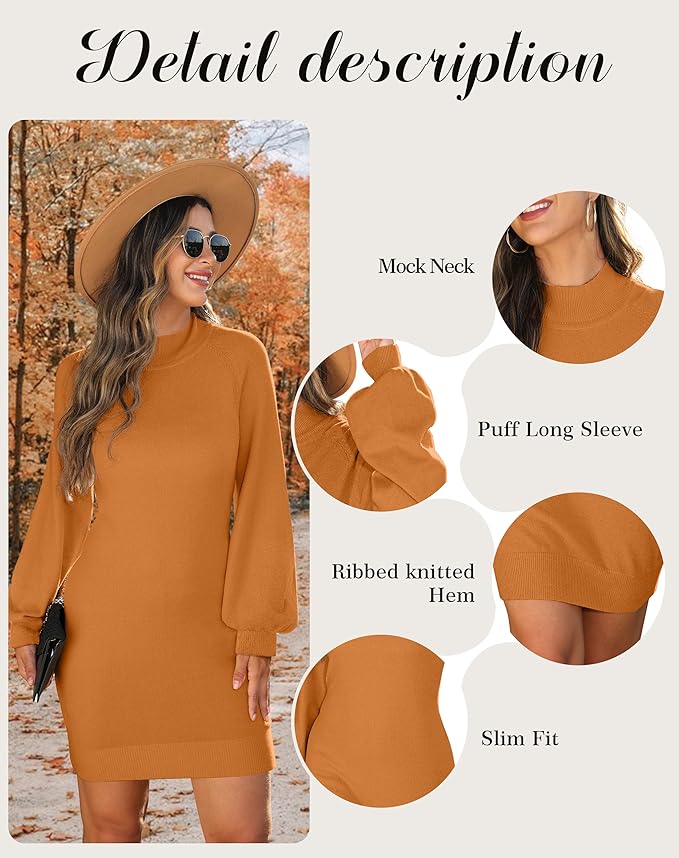 GRECERELLE 2026 Women's Mock Neck Ribbed Long Sleeve Bodycon Pullover Cute Mini Sweater Dress (XS-2XL)