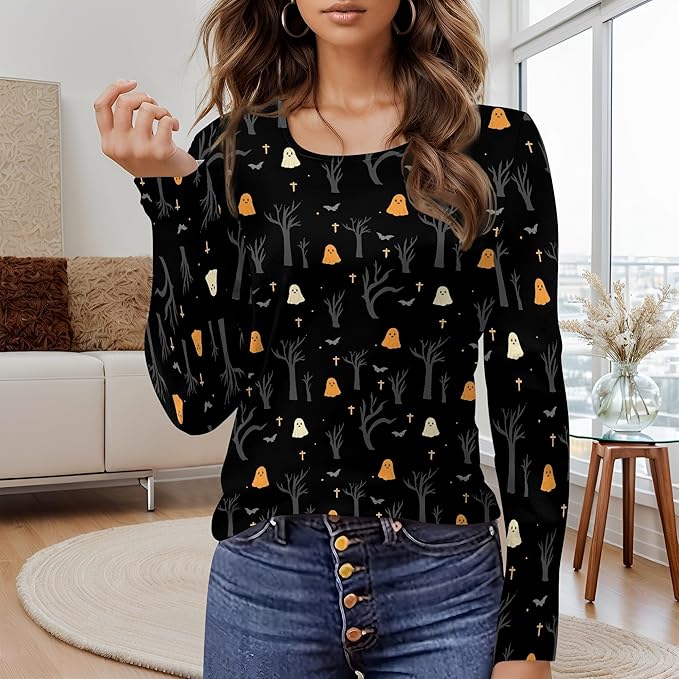 domirica Halloween Sweatshirts For Women Cute Pullover Fall Long Sleeve Pullover U-Neck Halloween Crazy Party Club Clothes