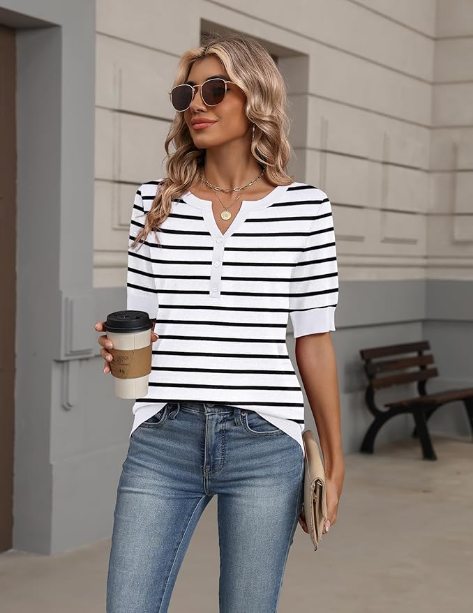 Zeagoo Women's Short Sleeve Sweater 2026 Spring Summer Tops Lightweight Casual V Neck Sweaters Dressy Work Blouses Clothes