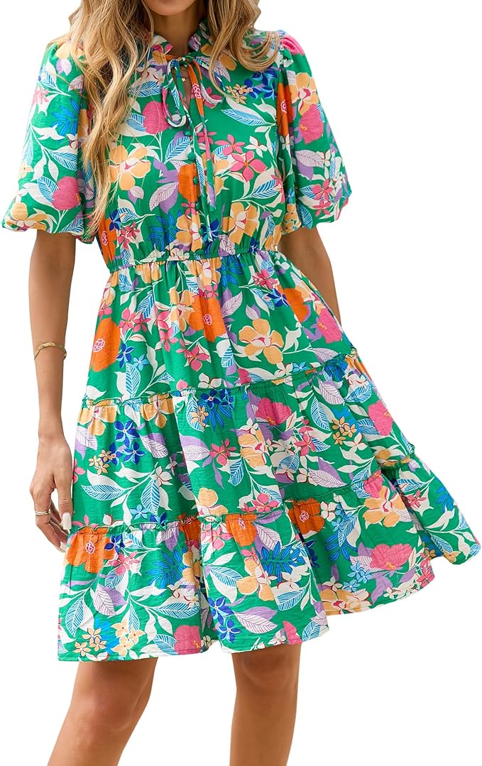 BTFBM Women Summer Floral Short Dresses V Neck Short Sleeve Tiered Ruffle Boho Swing Dress A-Line Mini Dresses