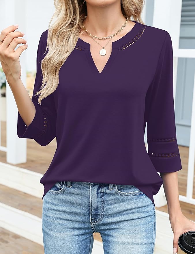 Ivicoer 3/4 Length Sleeve Womens Tops V Neck Lace Embroidered Summer Blouses Loose Fit Tunic Dressy Casual