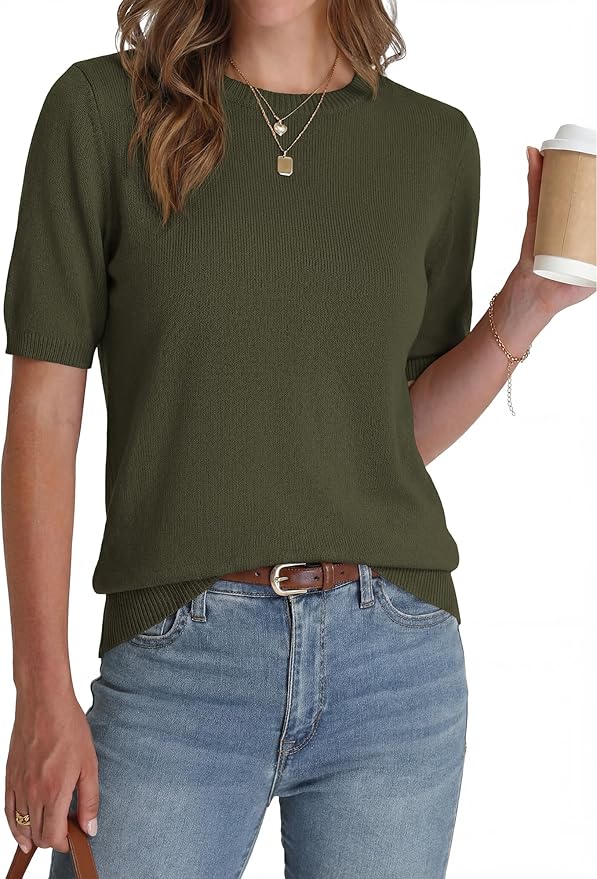 BTFBM Short Sleeve Sweater for Women Spring Tops Crew Neck Lightweight Pullover Loose Dressy Casual Blouse Basic Clothes