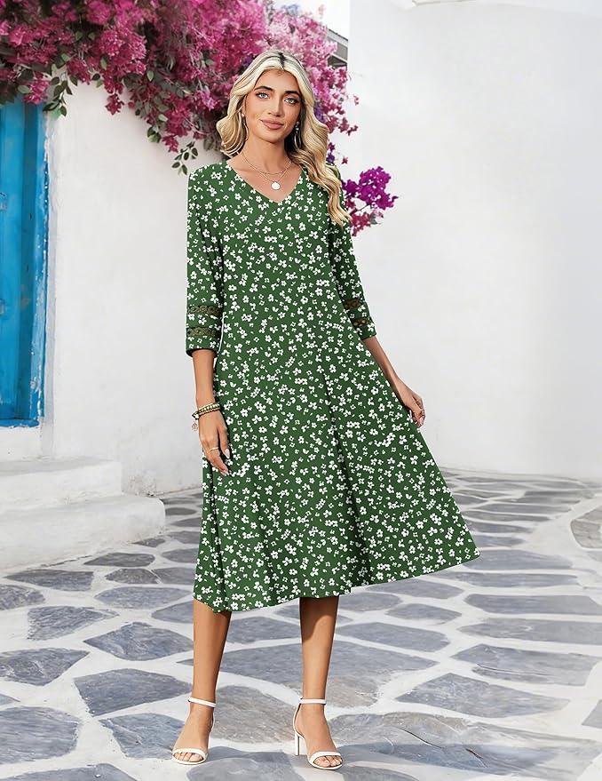 Zeagoo Women's Dresses 3/4 Sleeve Summer Casual V-Neck A Line Flowy Eyelet Midi Dress for Women Beach Vacation Sundress