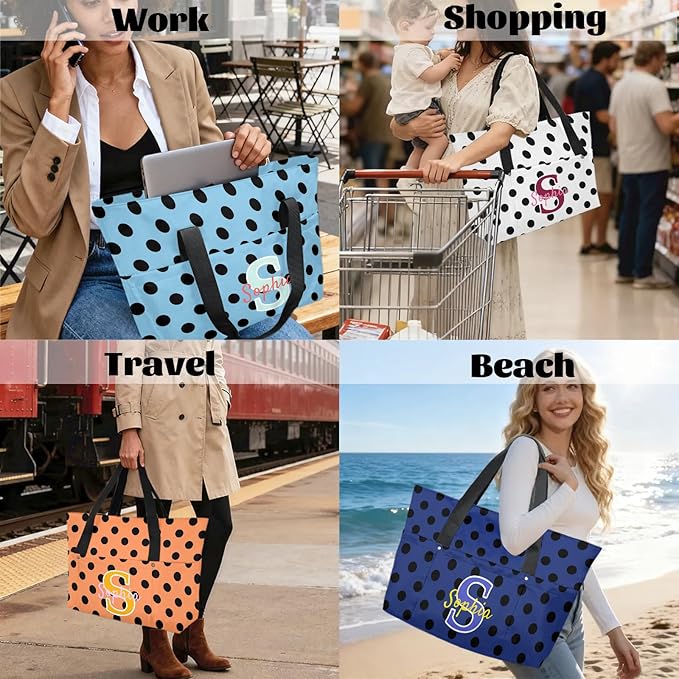 Custom Tote Bag for Women with Name Monogram for Work, Shopping, Travel, Beach