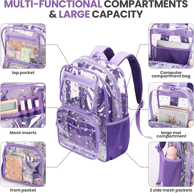 Heavy Duty Clear Backpack Lunch Bag Box Set for 8-Year-Olds - Practical and Stylish School Essentials(clear backpack & clear tote lunch bag-purple)