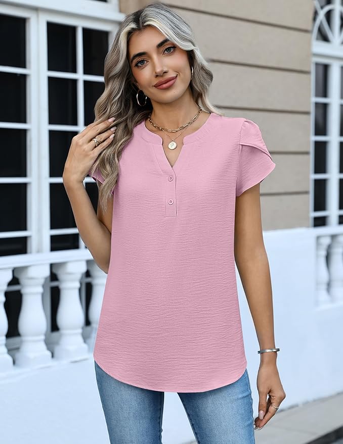 Zeagoo Womens Tops Dressy Casual Textured Blouses Cap Short Sleeve Shirts V Neck Button Up Summer Spring Work Tshirt Clothes