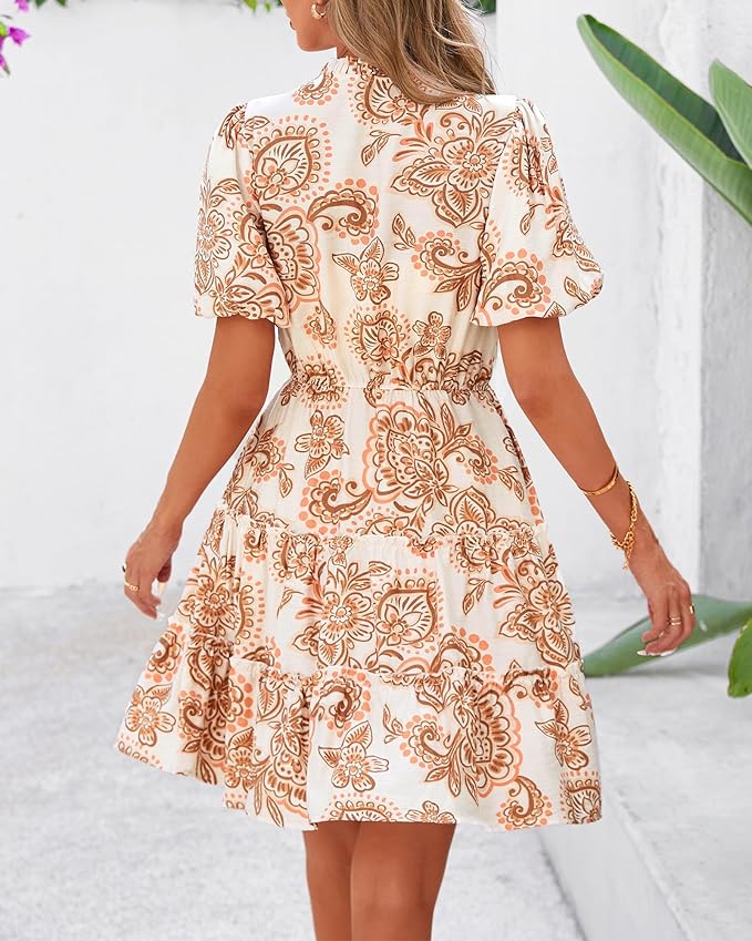BTFBM Women Summer Floral Short Dresses V Neck Short Sleeve Tiered Ruffle Boho Swing Dress A-Line Mini Dresses