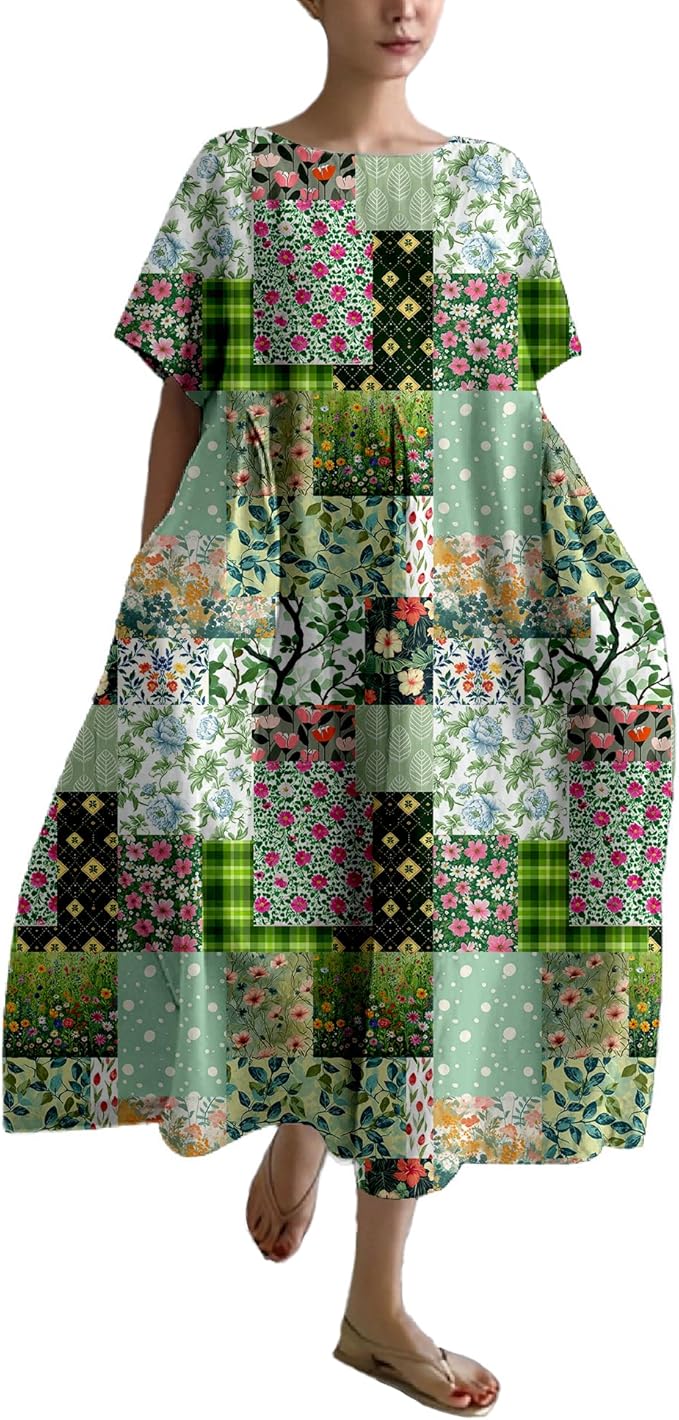 MARSVOVO Patchwork Flowy Dresses for Women Plus Size Loose Casual Tunic Dress Elegant Crewneck Maxi Dresses with Pockets