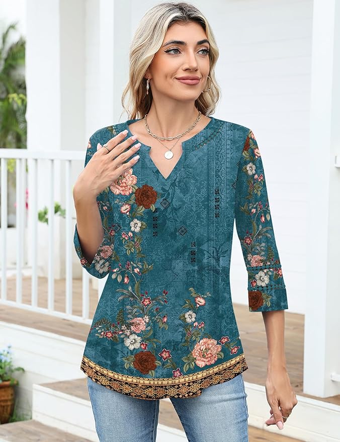 Ivicoer 3/4 Length Sleeve Womens Tops V Neck Lace Embroidered Summer Blouses Loose Fit Tunic Dressy Casual