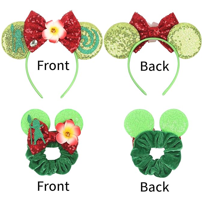 zhezesmila Mouse Ears Headband Princess Sequin Ears Headband Party Costume Hair Accessories with Glitter Green Bow Headwear Decoration for Women