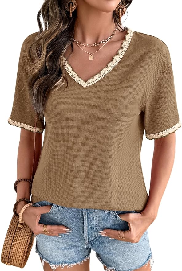 Dokotoo Womens Summer Tops Casual Short Sleeve Lace T-Shirts Solid V Neck Waffle Knit Shirts Blouses