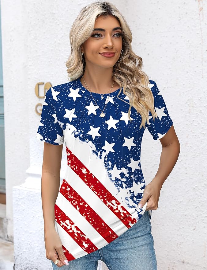Kistore Womens Casual Crew Neck Short Sleeve Pleated Tops Blouses Fashion Clothes 2026