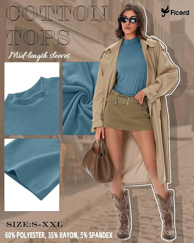 Ficerd 3 Pack Women's 1/2 Sleeve Mock Turtleneck Shirts, Elbow Length Shirt Half Sleeve Tunic Top Casual Summer Basic Tees