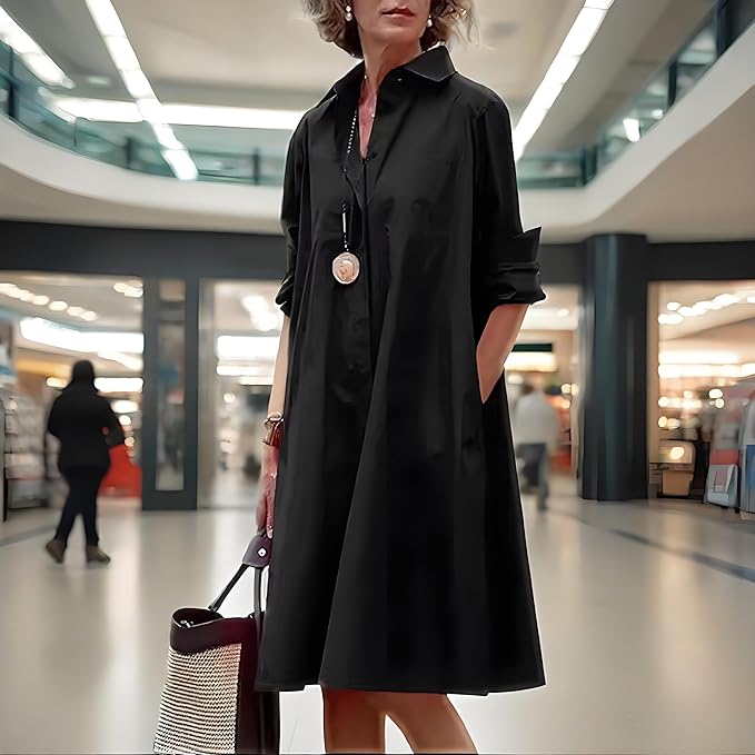 Womens 2025 Long Sleeve Button Down Shirt Summer Dress Casual V Neck Loose Fit Midi Shirt Dresses with Pockets