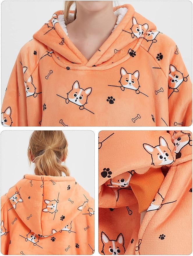 KFUBUO Wearable Blanket Hoodie for Adults Sherpa All Patterns Dog Oversized Sweatshirt Blanket with Pockets Cute Hoodies Gifts for Women
